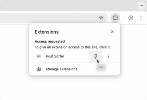 Extensions popup showing Post Sorter with pin icon